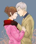  bad_id bad_pixiv_id bandaid brown_hair coat couple female_protagonist_(persona_3) gloves grey_hair hetero jacket persona persona_3 persona_3_portable ponytail profile sanada_akihiko scarf short_hair short_ponytail smile 