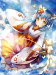  animal_ears blue_hair blush bug butterfly flower fox_ears fox_tail gohei hair_flower hair_ornament insect japanese_clothes mouth_hold original short_hair solo tail wataame27 wide_sleeves yellow_eyes 
