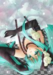  aqua_eyes aqua_hair artist_name checkered checkered_background elbow_gloves gloves hatsune_miku jewelry long_hair looking_at_viewer necklace solo twintails vocaloid yenni-vu 