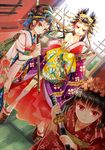  asa_no_ha_(pattern) bare_shoulders black_hair dutch_angle floral_print foreshortening grin hadanugi_dousa hair_ornament hair_rings japanese_clothes kanzashi katana kimono kiseru looking_at_viewer multiple_girls naginata nekozuki_yuki off_shoulder oiran open_mouth original pipe polearm red_eyes sarashi sayagata shippou_(pattern) smile spear sword tatami weapon 