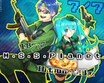  1girl aqua_eyes artist_name blue_eyes blue_hair character_name copyright_name crossover dog_tags fb777 food gloves gpnet gun handgun hat hatsune_miku headband long_hair m.s.s_project necktie one_eye_closed pistol pizza rifle sunglasses very_long_hair vocaloid weapon 