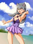  1girl animal_ears cat_ears cathy_(yuu-gi-ou_zexal) fang green_eyes long_hair mugicha_(sukimachaya) solo swimsuit wink yu-gi-oh! yuu-gi-ou_zexal 