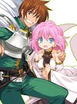 1girl armor bare_shoulders belt blue_eyes breastplate breasts brown_eyes brown_hair earrings grin hand_on_shoulder highres jewelry medium_breasts open_mouth outline pink_hair rance rance_(series) short_hair shunin sill_plain smile white_background 