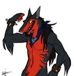  airu bandanna bracelet flexing jewelry looking_at_viewer male max_power muscles plain_background sergal solo teeth yellow_eyes 