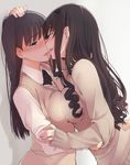  amagami arm_around_waist ayatsuji_tsukasa black_eyes black_hair blush breast_press breasts closed_eyes curly_hair face-to-face full-face_blush hairband hand_on_another's_head lips long_hair medium_breasts morishima_haruka multiple_girls noses_touching parted_lips santa_(sunflower) school_uniform smile sweater_vest symmetrical_docking yuri 