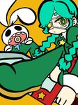  1girl annie_(skullgirls) annie_of_the_stars braid eyepatch female green_eyes green_hair green_legwear mikudrop parasite sagan_(skullgirls) saliva skullgirls stuffed_animal stuffed_toy sword thighhighs twin_braids weapon yellow_eyes 