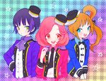  :d ayase_naru blazer blonde_hair blue_eyes bow bowtie fukuhara_ann furrowed_eyebrows green_eyes hat heart jacket long_hair looking_at_another multiple_girls neckerchief necktie open_mouth pink_hair pretty_(series) pretty_rhythm pretty_rhythm_rainbow_live purple_hair rainbow_background red_eyes short_hair side_ponytail smile star suzuno_ito tmrn 