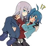  1boy 1girl ahoge bad_id bad_pixiv_id blue_eyes blue_hair blush cardfight!!_vanguard carrying princess_carry sendou_aichi shacttainw tokura_misaki white_hair 