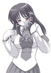  blush breasts gomamiso_(gomamiso_sp) large_breasts long_hair monochrome os-tan personification simple_background solo spot_color white_background xp-tan 