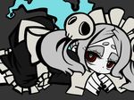  1girl bloody_marie_(skullgirls) female gray_hair grey_hair hair_ornament laying_down lying maid maid_uniform mikudrop pale_skin red_eyes short_hair skull-shaped_pupils skull_hair_ornament skullgirls solo symbol-shaped_pupils 