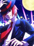  collared_shirt fedora hair_over_one_eye hand_on_hip hat long_sleeves looking_at_viewer moon necktie night night_sky phantom_r red_hair red_neckwear rhythm_thief shirt sky stage_lights white_shirt yukino_(yuki_00) 