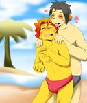  anthro beach black_hair blush bulge canine dog feline gay hair kyouji kyouji_takahara licking lion male mammal morenatsu palm_tree palmtree rain_(artist) red_hair seaside sky soutaro soutarou_touno swimsuit tongue tongue_out topless 