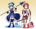  animalization blue_eyes blue_hair boots cape cosplay costume_switch hair_ribbon kyubey left-handed long_hair looking_at_viewer mahou_shoujo_madoka_magica miki_sayaka miki_sayaka_(cosplay) multiple_girls open_mouth polearm ponytail red_eyes red_hair ribbon sakura_kyouko sakura_kyouko_(cosplay) shiki_n short_hair skirt smile spear sword thighhighs weapon 