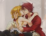  1girl beatrice blonde_hair blush breasts clothes_down french_kiss hair_down kiss medium_breasts open_clothes open_shirt red_hair shirt sousui_hani tongue umineko_no_naku_koro_ni ushiromiya_battler 