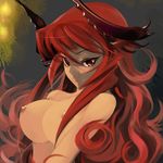  alf874 breasts curly_hair demon_girl fang highres horns large_breasts lipstick long_hair makeup maou_beluzel nipples nude red_eyes red_hair smile solo very_long_hair yuusha_to_maou 