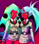  2girls artist_request demon demon_girl fang female glasses green_hair head_wings horns kneesocks_(psg) long_hair multiple_girls necktie panty_&amp;_stocking_with_garterbelt pointy_ears ponytail red_skin scanty_(psg) siblings silver_hair sisters smile tie yellow_eyes 