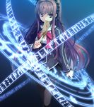  blood game_cg hair_ornament hairband highres juliet_sleeves knife long_hair long_sleeves magic_circle non-web_source pantyhose puffy_sleeves purple_eyes red_hair ribbon school_uniform shishigatani_ushio skirt solo tokeijikake_no_ley_line urabi_(tomatohouse) 