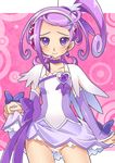  blush choker cure_sword dokidoki!_precure dress dress_lift earrings headset jewelry katsuma_rei kenzaki_makoto looking_at_viewer no_panties precure purple_choker purple_eyes purple_hair purple_skirt pussy pussy_juice short_hair skirt smile solo spade_(shape) sweatdrop 