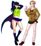  black_hair blonde_hair dio_brando genderswap genderswap_(mtf) hat jojo_no_kimyou_na_bouken katekari_yuusuke kuujou_joutarou long_coat long_hair midriff miniskirt multiple_girls panties pantyshot plaid plaid_skirt pleated_skirt school_uniform skirt underwear 