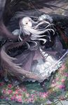  2013 artist_name bad_id bad_pixiv_id black_wings dress dutch_angle flower hairband highres kyurin_(sunnydelight) lightning long_hair plant rain red_eyes red_flower red_rose rose rozen_maiden silver_hair solo suigintou sword thorns vines weapon wings 