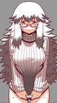  bad_id bad_tumblr_id black_hair blush bottomless breasts brown_eyes clothes_tug freckles glasses highres large_breasts long_hair matsuda_yuusuke messy_hair naked_sweater red-framed_eyewear semi-rimless_eyewear simple_background solo standing sweatdrop sweater sweater_tug tears turtleneck very_long_hair yonezawa_natsumi yuusha_to_maou 