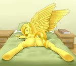  anus bed cutie_mark cynicalmoose equine female fur hair looking_at_viewer looking_back lying mammal my_little_pony on_front original_character pegasus presenting pussy pussy_juice solo spread_legs spreading two_tone_hair wings yellow_fur 