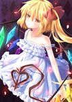  alternate_costume alternate_eye_color bad_id bad_pixiv_id blonde_hair bride checkered checkered_background dress flandre_scarlet laevatein looking_at_viewer parted_lips petals short_hair side_ponytail solo strap_slip touhou transistor wedding_dress wings yellow_eyes 