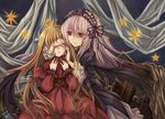  ai_(creamcaramel) alternate_hairstyle bangs black_wings blonde_hair crying doll_joints dress flower frills hair_down hairband hand_on_another's_face hand_over_eye lace lolita_fashion lolita_hairband long_hair multiple_girls open_mouth parted_lips red_eyes rose rozen_maiden shinku siblings silver_hair sisters smile star suigintou wings yuri 