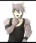  biceps canine chest_tuft clothing dog dog_tags eyes_closed fur grey_fur grey_hair hair husky kouya_aotsuki male mammal morenatsu plain_background shirt simple_background solo tank_top tuft white_background 