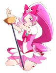  bow cure_blossom hanasaki_tsubomi heart heartcatch_precure! kneeling long_hair looking_at_viewer magical_girl pink pink_bow pink_eyes pink_hair ponytail precure simple_background solo sword weapon white_background yui_(kanatamoo) 