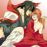  black_eyes black_hair blue_eyes highres hiko_seijuurou himura_kenshin japanese_clothes long_hair male_focus misaka_(missa) multiple_boys ponytail red_hair rurouni_kenshin scar yaoi 