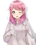  1girl ;d bang_dream! bangs blush breasts brown_eyes commentary_request drawstring eyebrows_visible_through_hair grey_hoodie head_tilt hood hood_down hoodie long_hair long_sleeves maruyama_aya one_eye_closed open_mouth pink_hair shadow sin_(sin52y) sleeves_past_fingers sleeves_past_wrists small_breasts smile solo upper_body white_background 