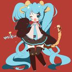  :3 animal_ears aqua_eyes aqua_hair cat_ears cat_tail character_name detached_sleeves fang fujishiro_kokoa hatsune_miku long_hair lowres necktie one_eye_closed open_mouth red_background skirt sleeves_past_wrists solo tail thighhighs twintails very_long_hair vocaloid 