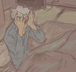  bed_sheet bugle covering_face erection long_sleeves male_focus noname_(nowhere) pajamas sheet_bulge sitting sketch solo tiara under_covers waking_up wet_dream white_hair yuusha_masatoshi yuusha_to_maou 