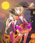  1boy 1girl :p backless_dress backless_outfit bat black_cat blonde_hair blue_eyes bow_skirt broom cape cat commentary dress grin hair_ornament halloween_costume hat head_tilt heterochromia jack-o&#039;-lantern kagamine_len kagamine_rin knee_to_face kneehighs looking_at_viewer looking_back medium_hair moon night night_sky puffy_short_sleeves puffy_sleeves pumpkin purple_legwear red_eyes sazanami_(ripple1996) short_sleeves skirt sky smile standing star star_(sky) striped striped_legwear thighhighs tongue tongue_out vocaloid witch_hat 
