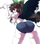  alternate_costume ass black_legwear blush bow breasts brown_hair buruma from_behind gym_uniform hair_bow kuon_yashiro large_breasts long_hair looking_back red_eyes reiuji_utsuho shirt_lift solo thighhighs touhou underboob wings 