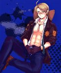  ahoge america_(hetalia) american_flag axis_powers_hetalia bad_id bad_pixiv_id blonde_hair blue_eyes blush cowboy_hat denim epuko flag_print gloves hat jacket jeans male_focus open_clothes open_pants open_shirt pants shirt solo sweat tears underwear 