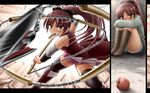  apple blush boots bow chain food fruit hair_bow long_hair magical_girl mahou_shoujo_madoka_magica motion_blur mouth_hold ponytail sakura_kyouko shingyouji_tatsuya sitting solo taiyaki thighhighs wagashi zettai_ryouiki 