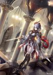  armor assassin dagger grey_eyes hidden_blade highres hood kazeco original red_hair solo thighhighs weapon 