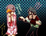  1girl araragi_koyomi araragi_tsukihi bird dondongarara japanese_clothes kimono monogatari_(series) nisemonogatari outstretched_arms parody siblings zombie_pose 