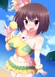  ball beach bikini blush breasts brown_hair collarbone day jewelry looking_at_viewer medium_breasts nase necklace open_mouth purple_eyes samba short_hair smile solo swimsuit takamiya_nasuno teekyuu tennis_ball 