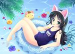  animal_ears black_hair cat cat_ears food green_eyes hazuki_kurumi innertube kaitou_tenshi_twin_angel long_hair one-piece_swimsuit popsicle school_swimsuit swimsuit tokinon twin_angel 