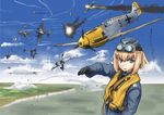  absurdres aerial_battle aircraft airplane balkenkreuz battle bf_109 blonde_hair blue_eyes cliff cloud condensation_trail day epaulettes erica_(naze1940) explosion fire flight_goggles flying garrison_cap gloves goggles goggles_on_head hat highres ju_87 life_vest luftwaffe military military_uniform necktie ocean original pilot ponytail shore short_hair short_ponytail sky smoke soldier spitfire_(airplane) swastika uniform war water world_war_ii 