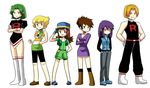  5girls absurdres bare_shoulders belt bike_shorts blonde_hair boots brown_eyes brown_hair clenched_hands commentary crossed_arms dress flat_chest genderswap gloves green_hair grin hand_on_hip hands_in_pockets hat highres hiroshi_(pokemon) jewelry jun_(pokemon) knee_boots kosaburou_(pokemon) maimai97 multiple_girls necklace ookido_shigeru open_mouth orange_eyes orange_hair pigeon-toed pokemon pokemon_(anime) pokemon_dp_(anime) popped_collar purple_hair scarf shinji_(pokemon) short_hair simple_background smile spiked_hair standing team_rocket white_background yamato_(pokemon) 