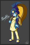  absurdres apron bangs blue_skin breasts character_name fins fish_girl grin hair_ornament highres minette_(skullgirls) monster_girl nac0n scales shell signature skullgirls small_breasts smile solo thighhighs waitress 