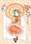  cuivre curtains doll dress drill_hair flower green_eyes green_hair hair_ornament heart kanaria long_sleeves open_mouth pantyhose parasol plant rose rozen_maiden smile solo umbrella vines 