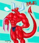  anthro biceps bulge demon dragmon dragon fangs horn invalid_color invalid_tag male muscles nipples pecs pectorals pose red_skin reptile scales scalie solo speedo standing swimsuit teeth toned topless towel yellow_eyes 