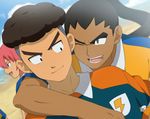  arm_around_shoulder bad_id bad_pixiv_id beach blurry brown_hair depth_of_field dutch_angle goalkeeper inazuma_eleven_(series) inazuma_eleven_go kirino_ranmaru lightning_bolt long_hair male_focus multiple_boys nishiki_ryouma one_eye_closed open_mouth petagon pink_hair raimon raimon_soccer_uniform sangoku_taichi soccer_uniform sportswear 