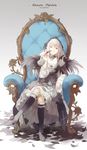  boots chair doll doll_joints dress feathers flower frills full_body hairband highres long_hair nine_(liuyuhao1992) plant red_eyes rose rozen_maiden silver_hair sitting smug solo suigintou vines wings 