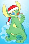  alien anus blue_sclera bonnie_(disney) candy_cane christmas fangs female foot_focus fur green_fur hat holidays lilo_and_stitch looking_back petrock pussy suggestive teeth 